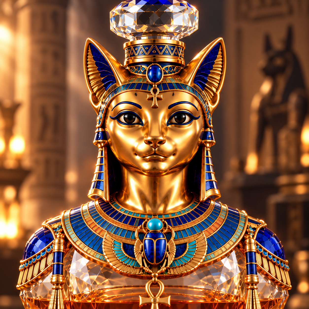 Close view of Bastet's golden feline face and royal blue Egyptian-style collar