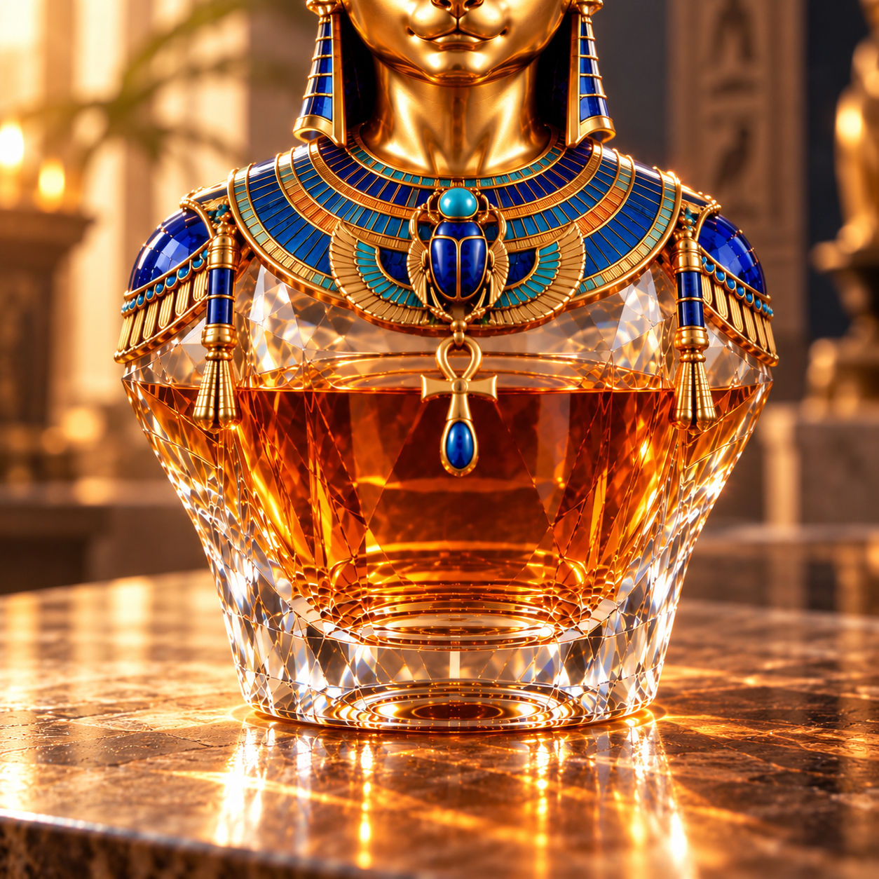 Close-up of decorative scarab motif and faceted transparent decanter body