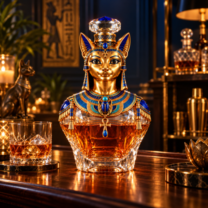🐈Bastet’s Golden Grace Whiskey Decanter – Ancient Egyptian Cat Goddess Collectible Bottle🏺