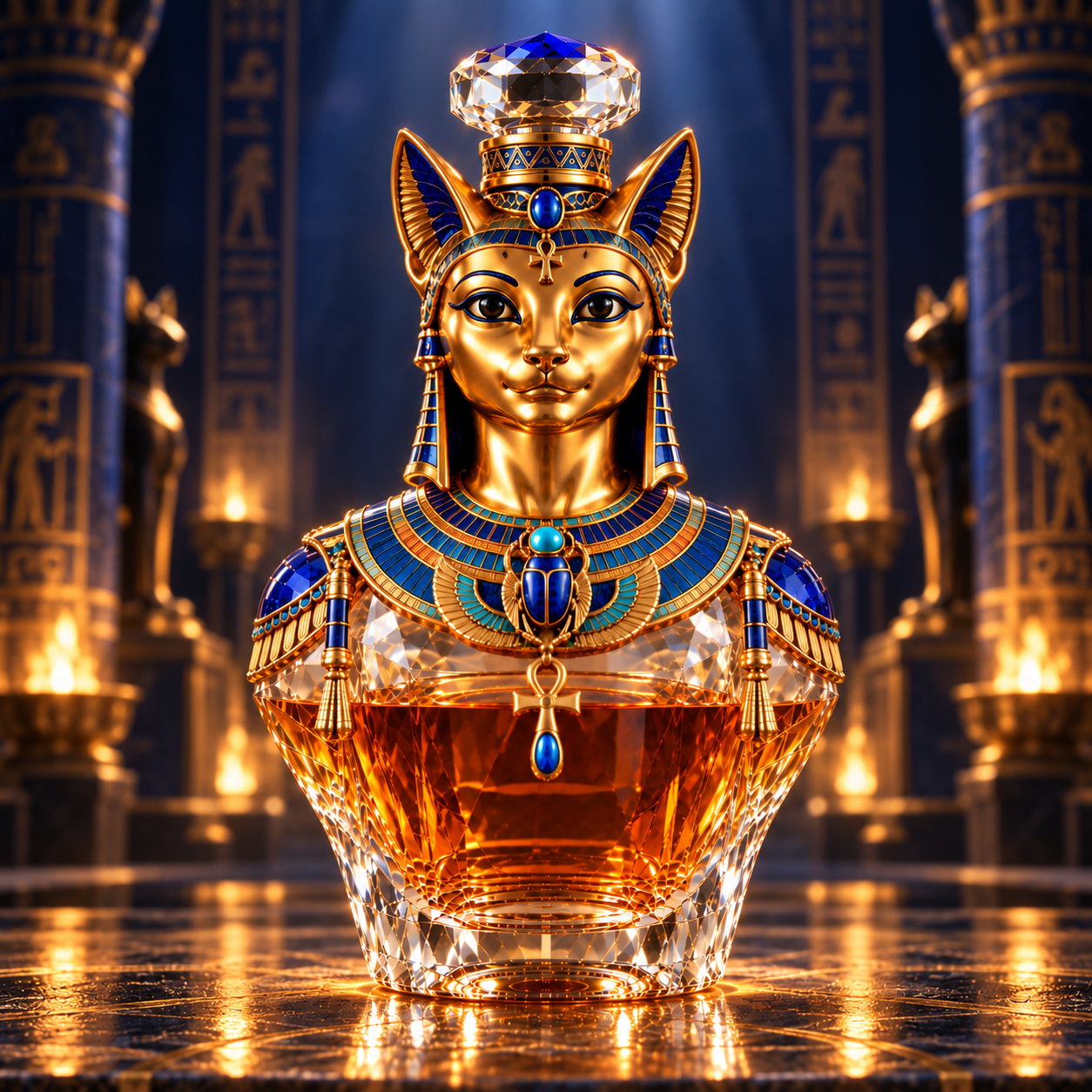 Golden Bastet cat goddess decanter against an Egyptian temple inspired setting
