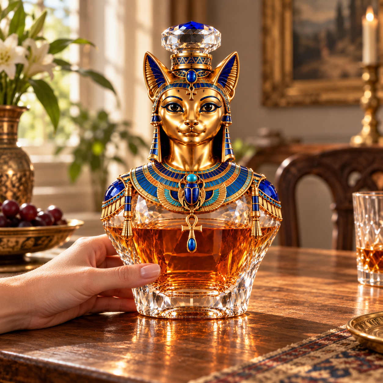 Bastet Golden Grace decanter presented as a beautiful collectible in an elegant interior