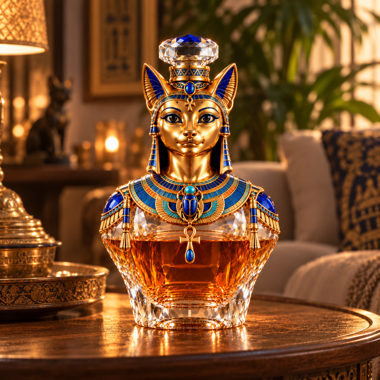 Bastet Golden Grace Egyptian cat goddess decanter displayed in a warmly lit home