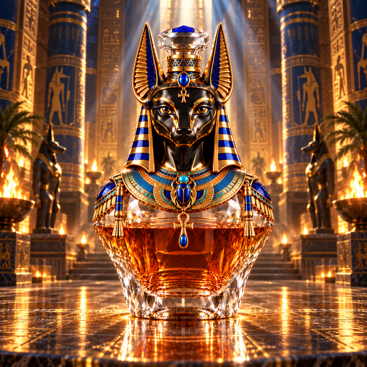 Anubis Egyptian jackal deity inspired decanter in an ancient temple setting