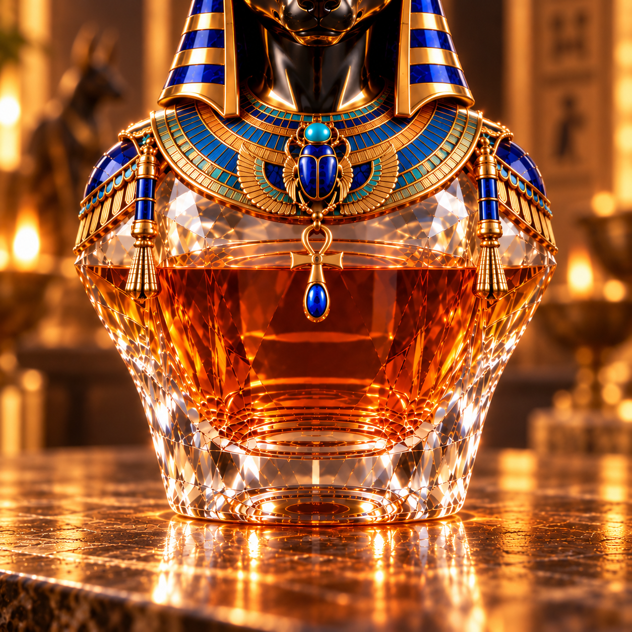 Close-up of Anubis decanter scarab ornament and faceted transparent bottle