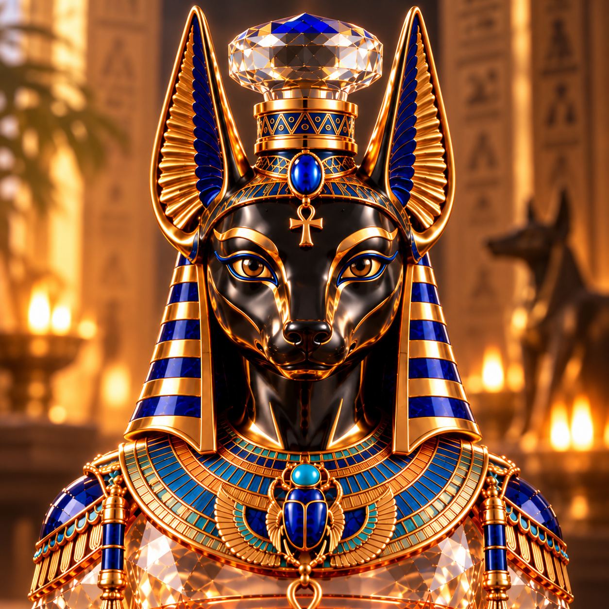 Close-up of black Anubis jackal head with gold trim and blue Egyptian ornamentation