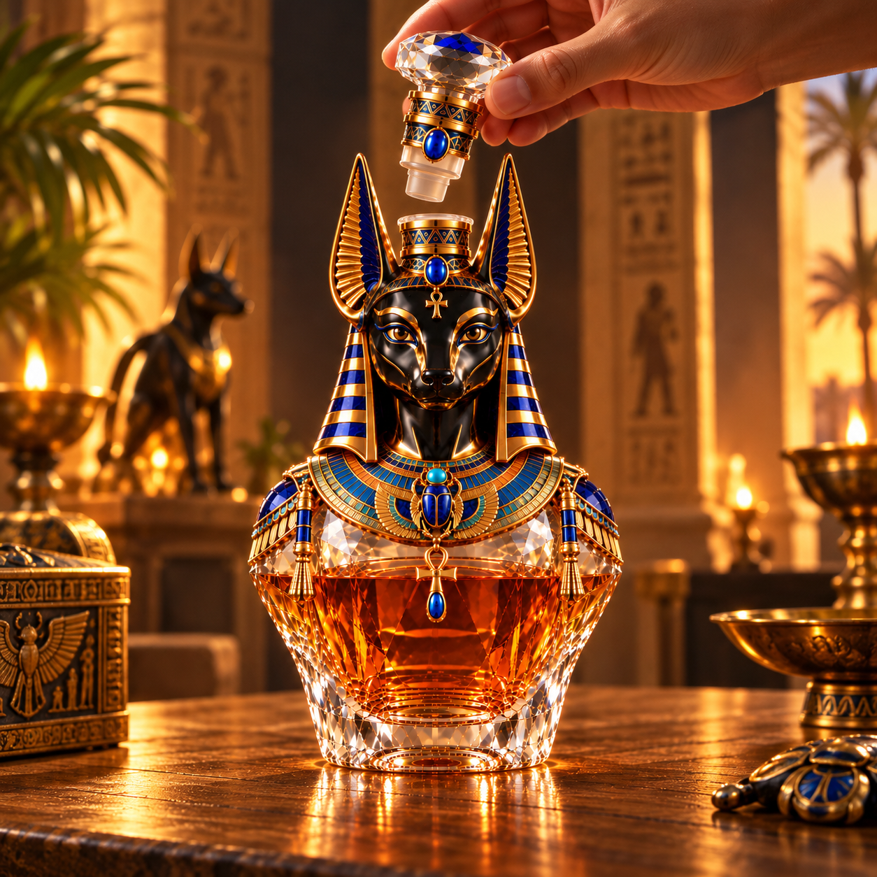 Hand removing the decorative crystal-style stopper from Anubis whiskey decanter