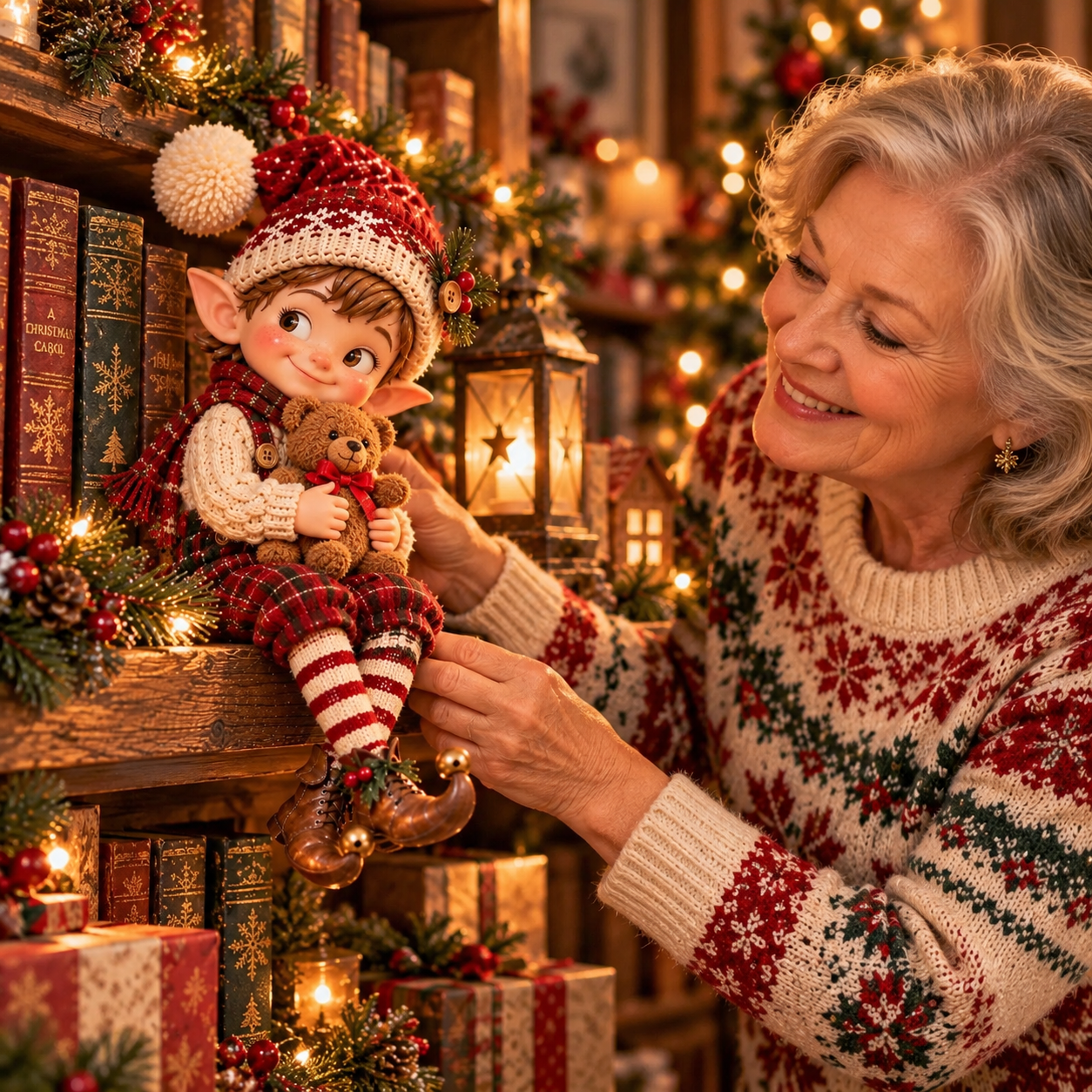 Smiling older woman arranging a Christmas elf shelf sitter beside vintage books and festive lights
