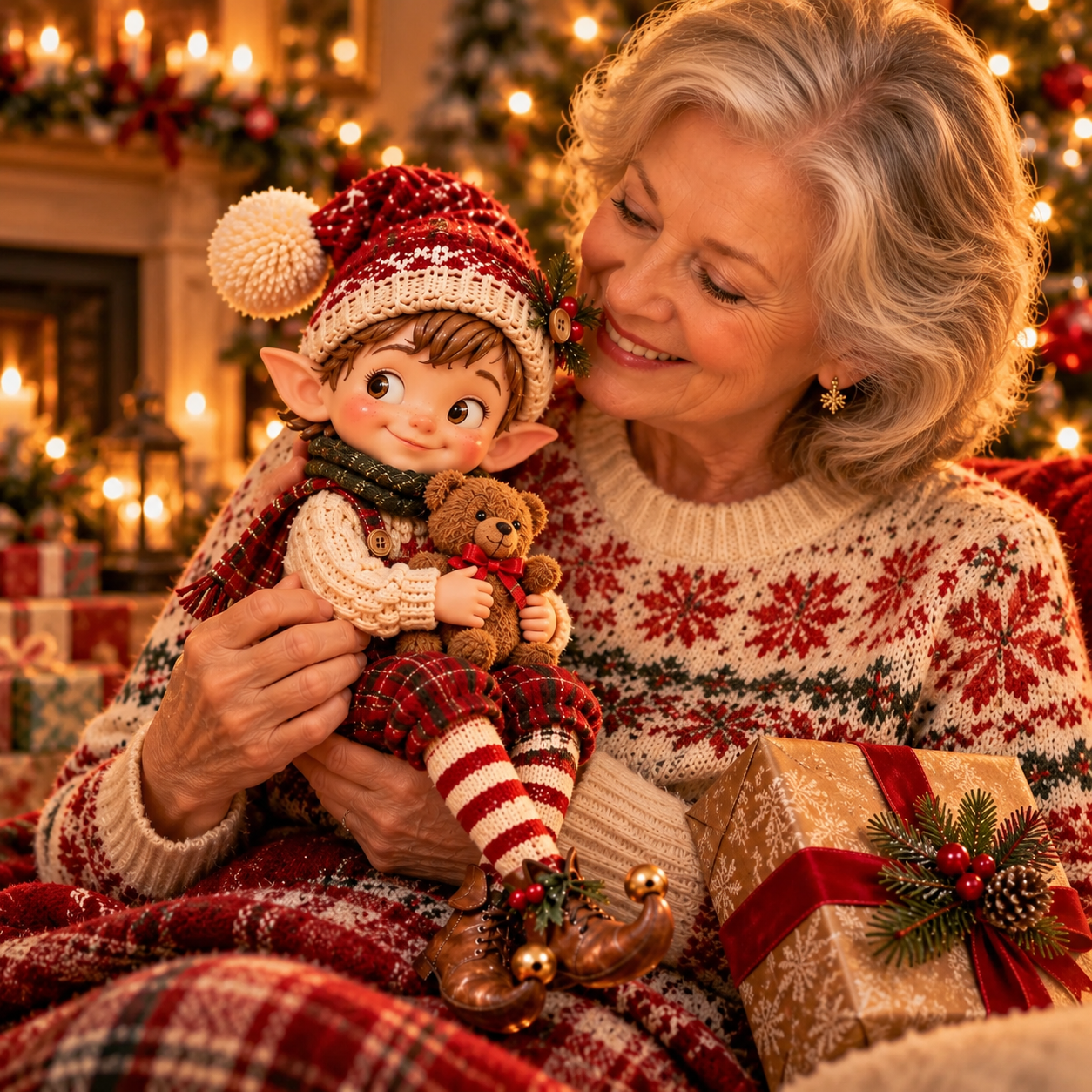 Older woman smiling while holding a teddy bear Christmas elf figurine beside a wrapped holiday present