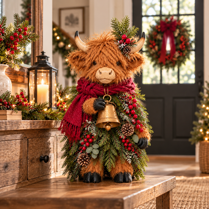 Christmas Highland Cow with Bell – Rustic Farmhouse Holiday Figurine with Evergreen Accents & Burgundy Scarf