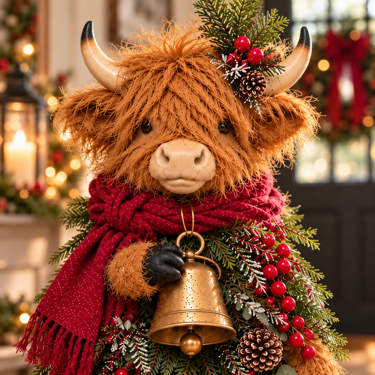 Christmas Highland Cow with Bell – Rustic Farmhouse Holiday Figurine with Evergreen Accents & Burgundy Scarf