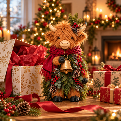 Christmas Highland Cow with Bell – Rustic Farmhouse Holiday Figurine with Evergreen Accents & Burgundy Scarf