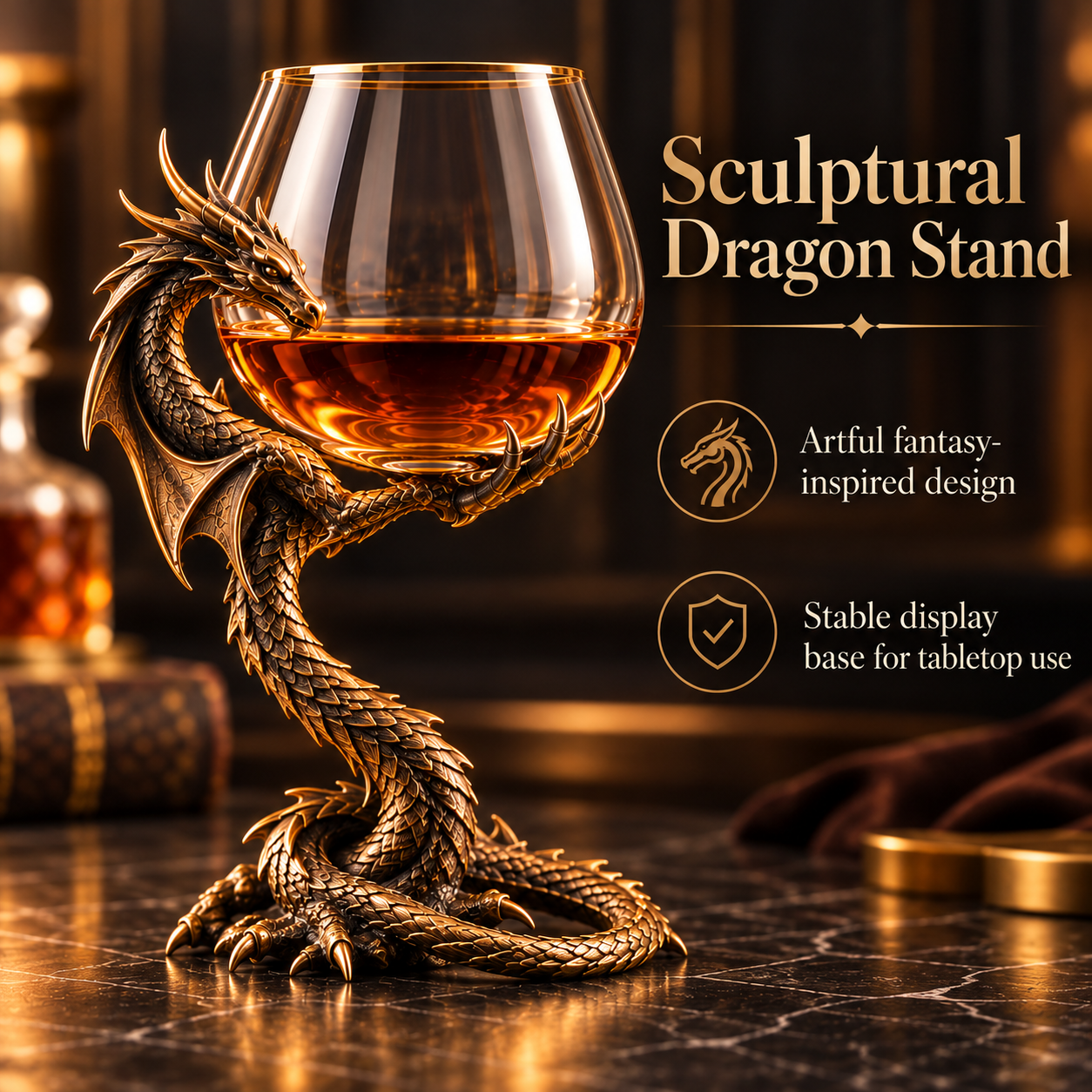 Dragon's Embrace sculptural dragon stand with curved body, extended supporting claw and coiled dragon tail base