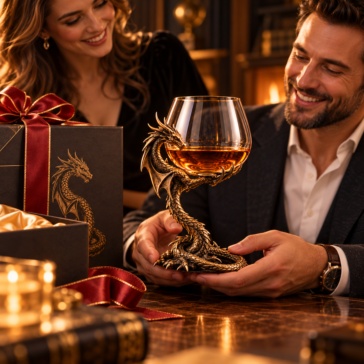 Man happily admiring Dragon's Embrace sculptural brandy glass during a gift-giving scene with his partner
