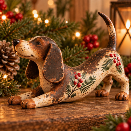 Christmas Dachshund Figurine – Rustic Farmhouse Holiday Dog Decor with Holly & Evergreen Accents