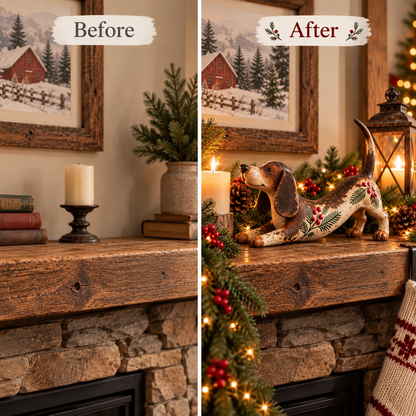 Christmas Dachshund Figurine – Rustic Farmhouse Holiday Dog Decor with Holly & Evergreen Accents
