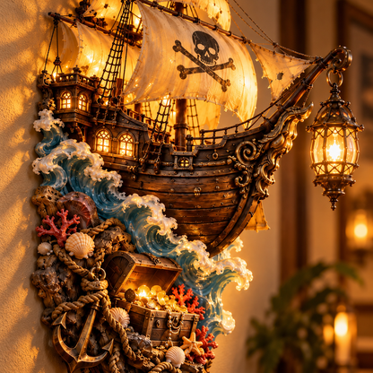🏴‍☠️⛵🔥 Illuminated Pirate Ship Wall Lantern | Glowing Ghost Ship & Treasure Chest Sculpture, Nautical Fantasy Coastal Wall Décor