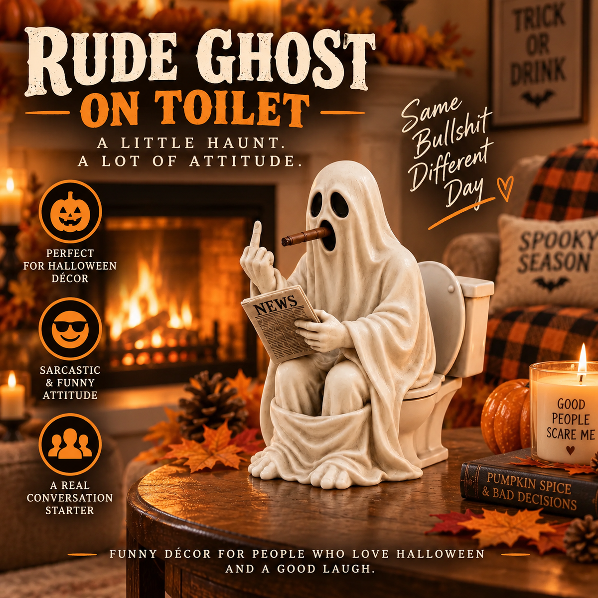 👻🚽 Rude Ghost on Toilet Figurine | Funny Halloween Tabletop Décor, Spooky Bathroom Statue & Gag Gift