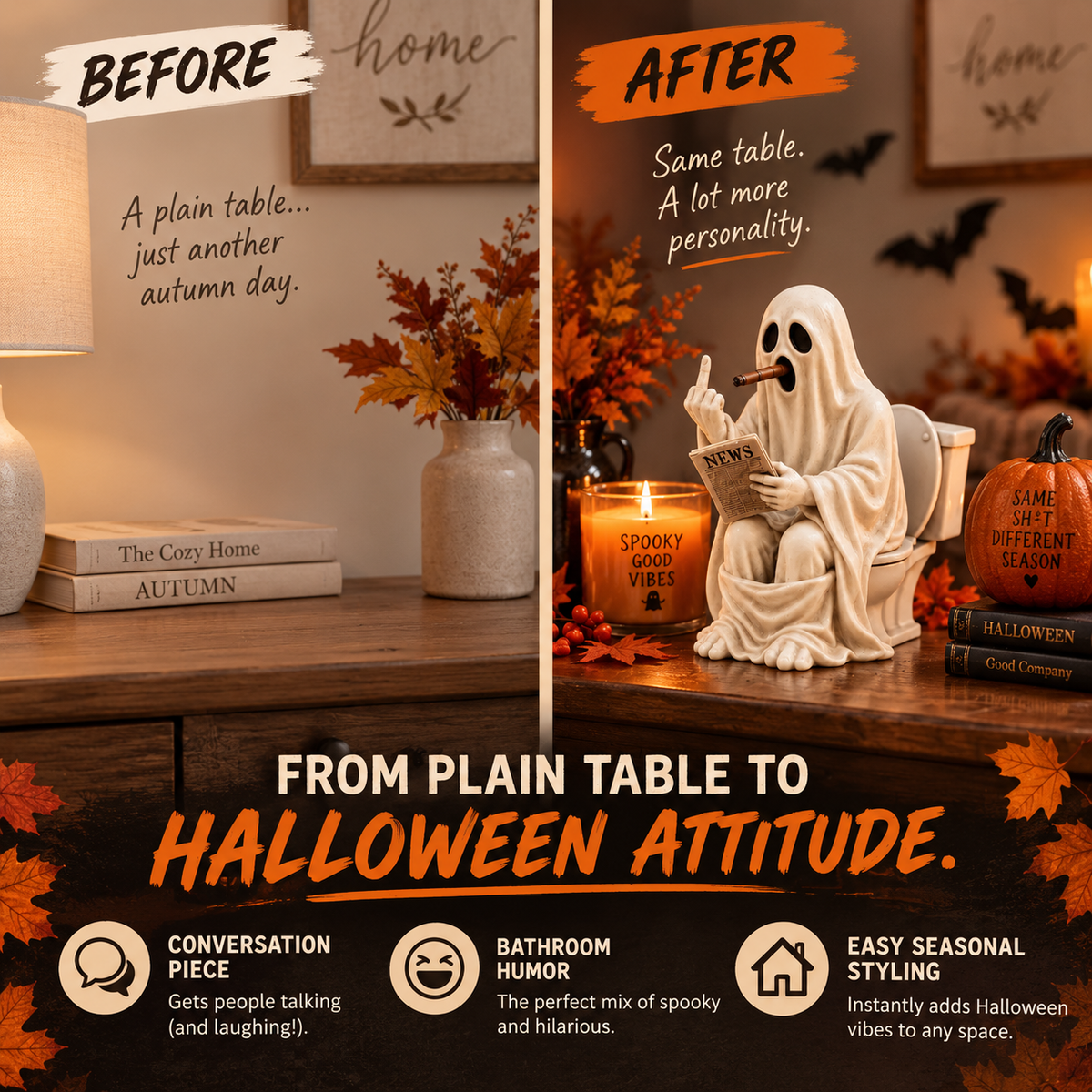 👻🚽 Rude Ghost on Toilet Figurine | Funny Halloween Tabletop Décor, Spooky Bathroom Statue & Gag Gift