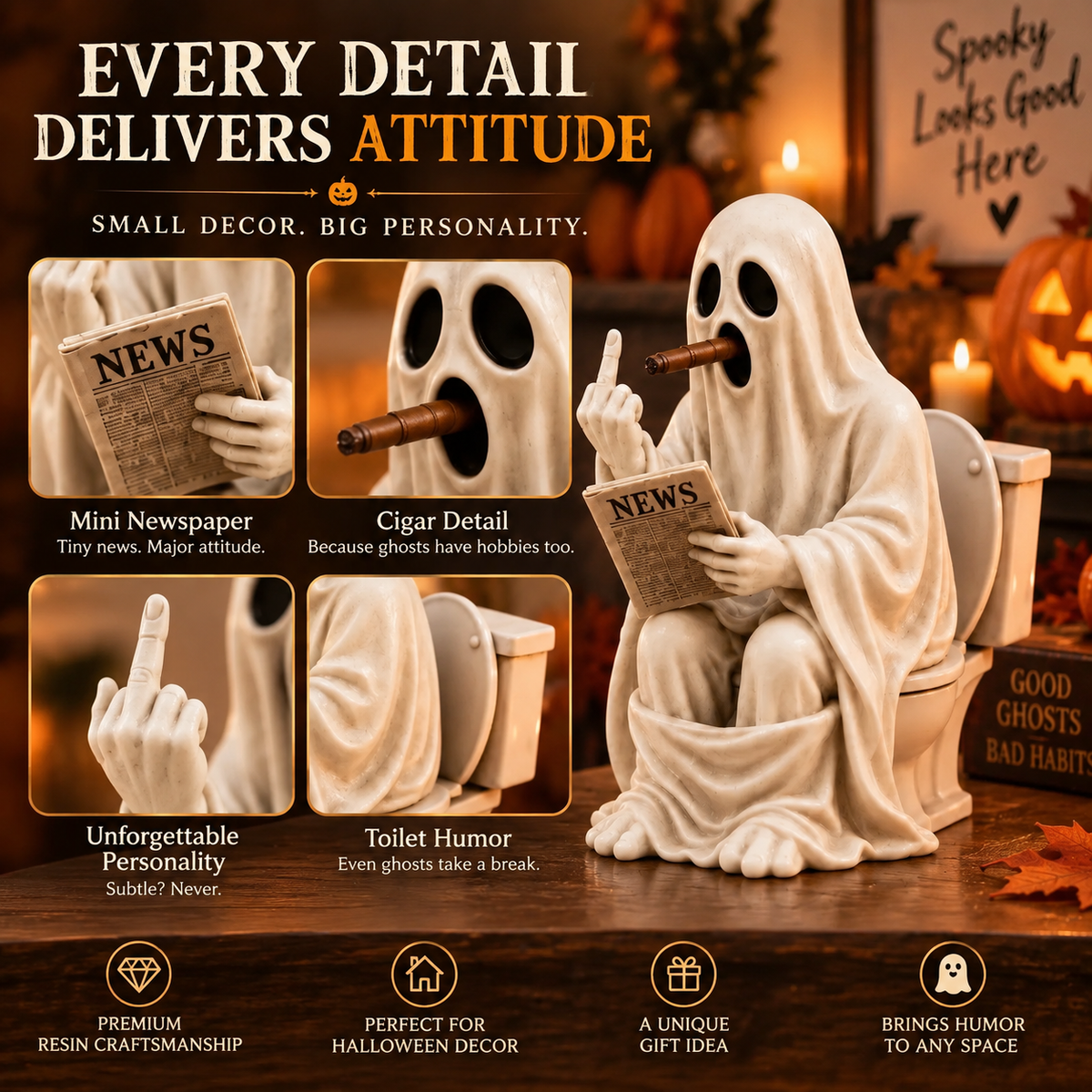 👻🚽 Rude Ghost on Toilet Figurine | Funny Halloween Tabletop Décor, Spooky Bathroom Statue & Gag Gift