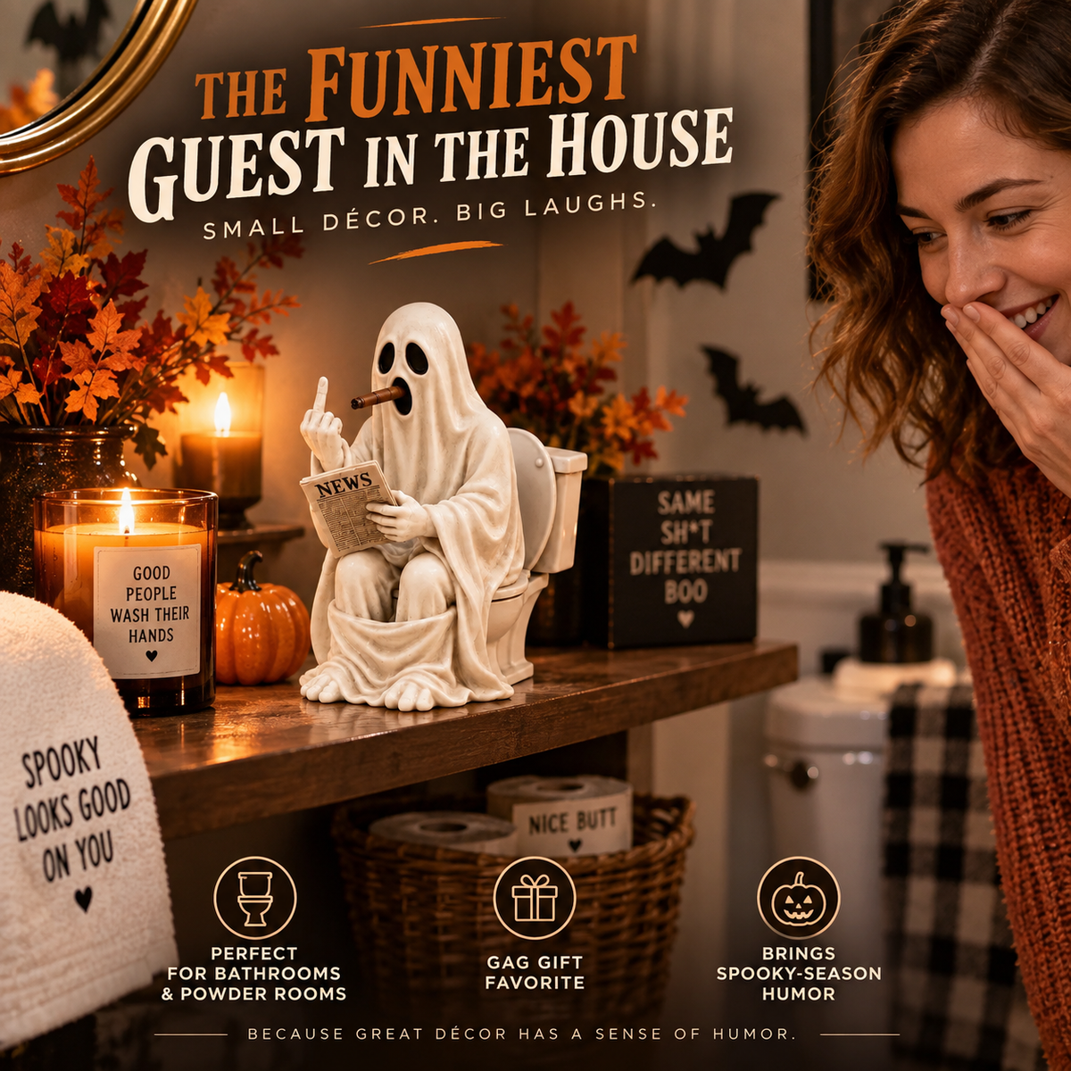 👻🚽 Rude Ghost on Toilet Figurine | Funny Halloween Tabletop Décor, Spooky Bathroom Statue & Gag Gift