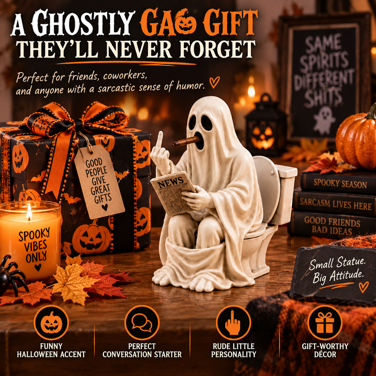 👻🚽 Rude Ghost on Toilet Figurine | Funny Halloween Tabletop Décor, Spooky Bathroom Statue & Gag Gift