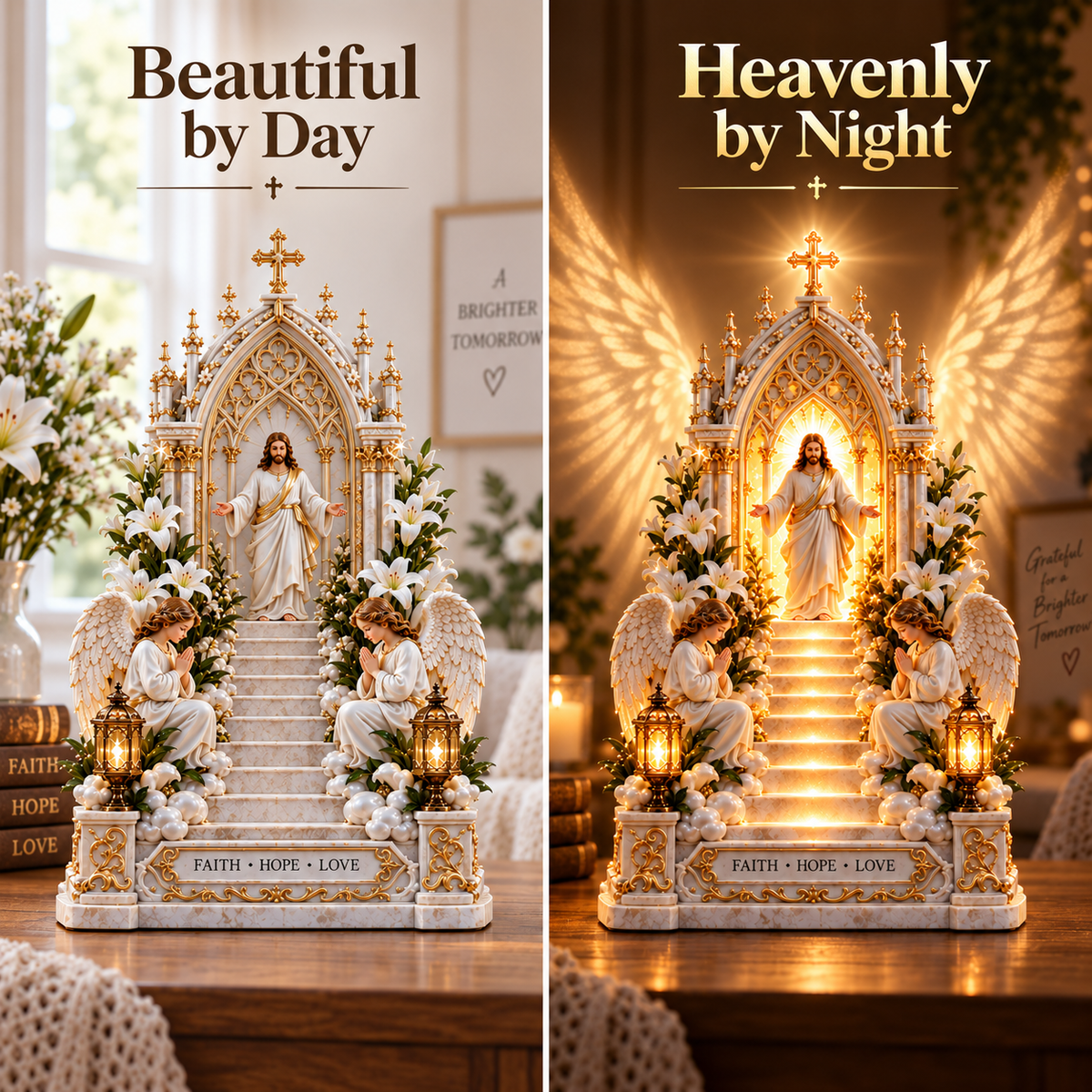 Heaven Opens Jesus stairway decorative display shown in daytime and evening lighting