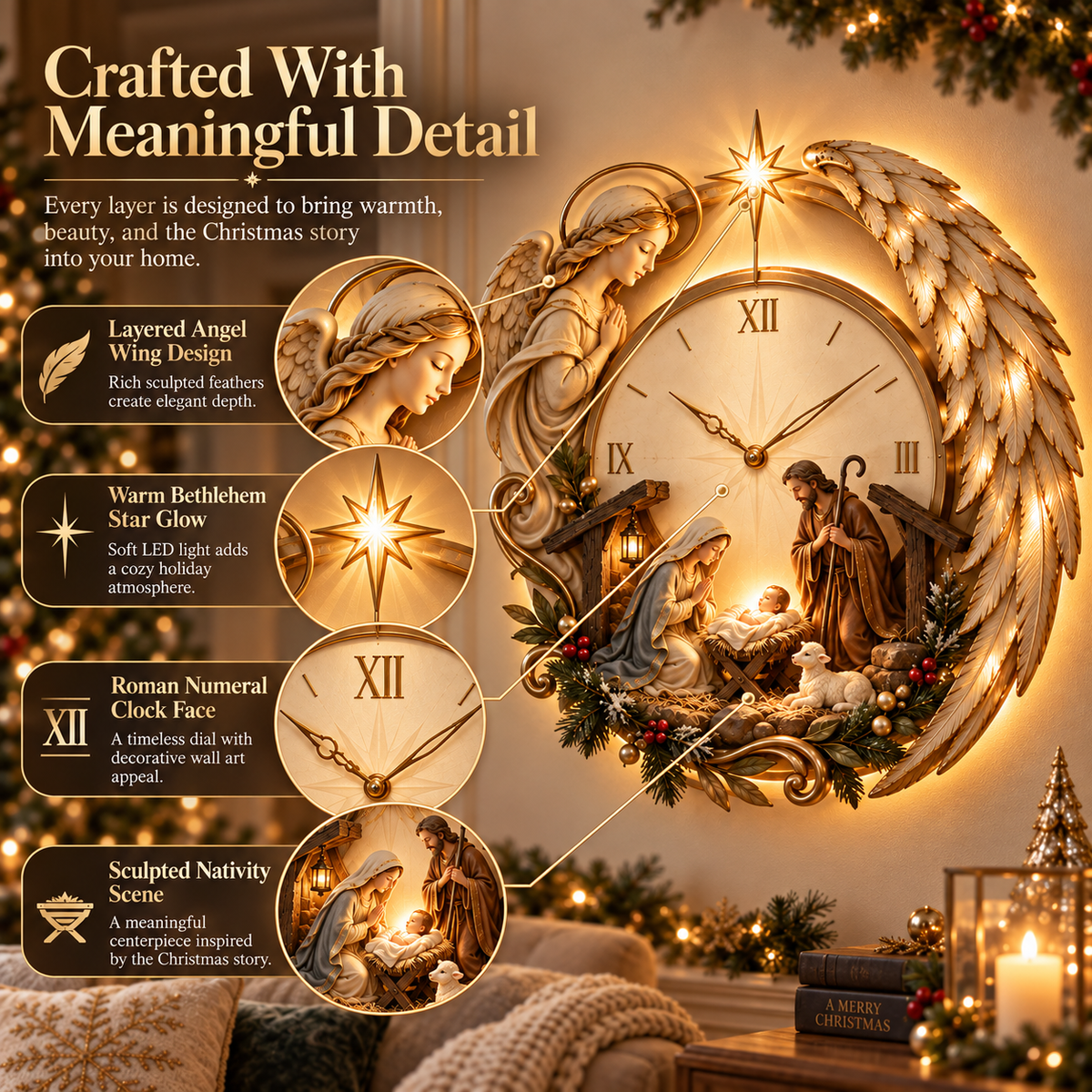 ✨ Bethlehem Angel Nativity Glow Clock – Lighted Christmas Wall Décor
