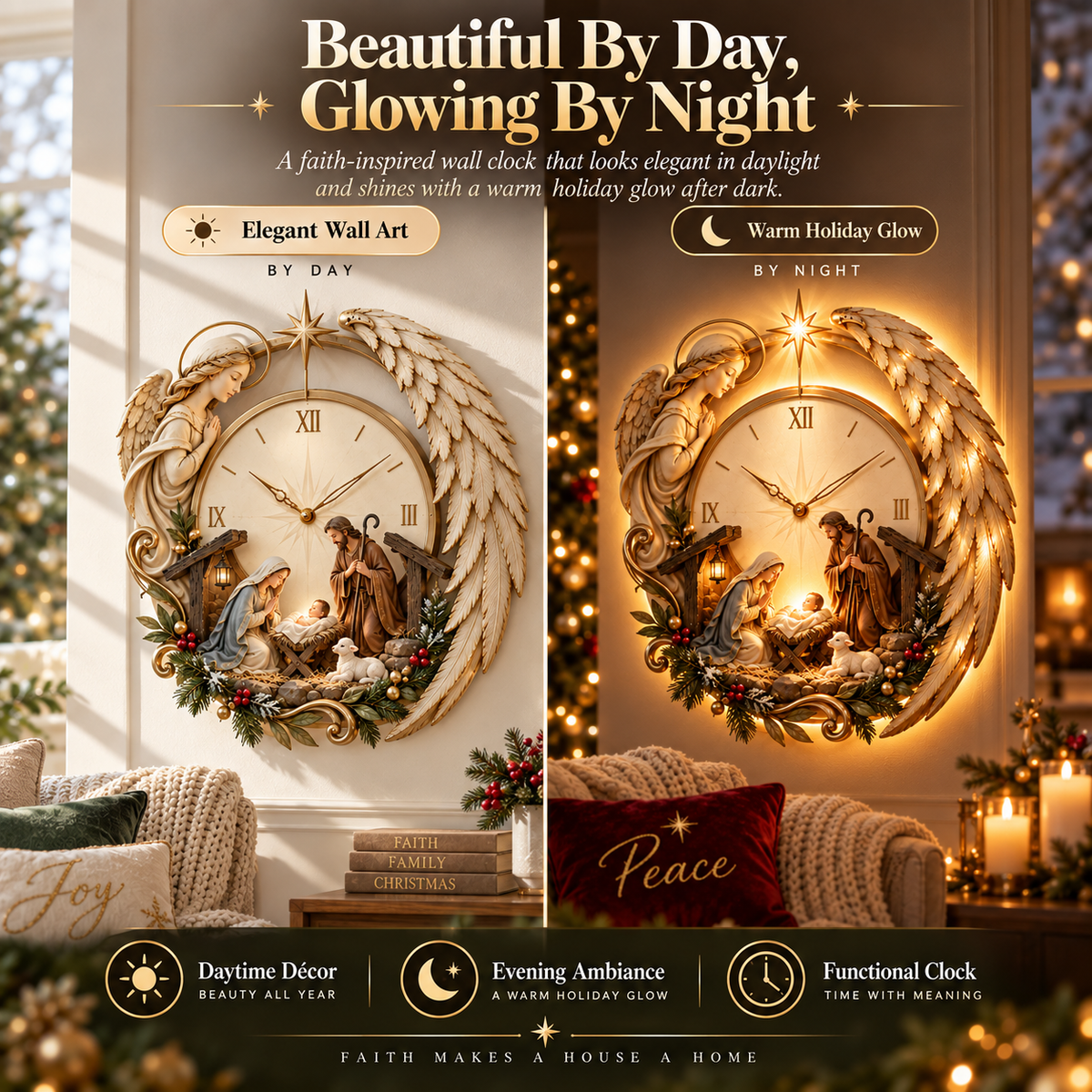 ✨ Bethlehem Angel Nativity Glow Clock – Lighted Christmas Wall Décor