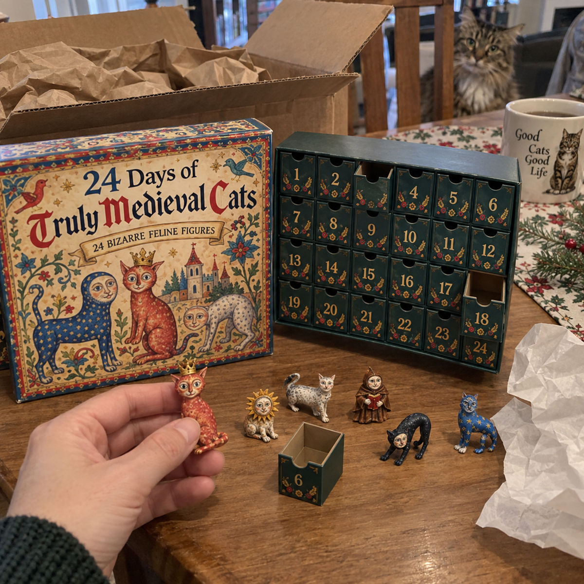 Hand holding a miniature medieval cat from the advent calendar