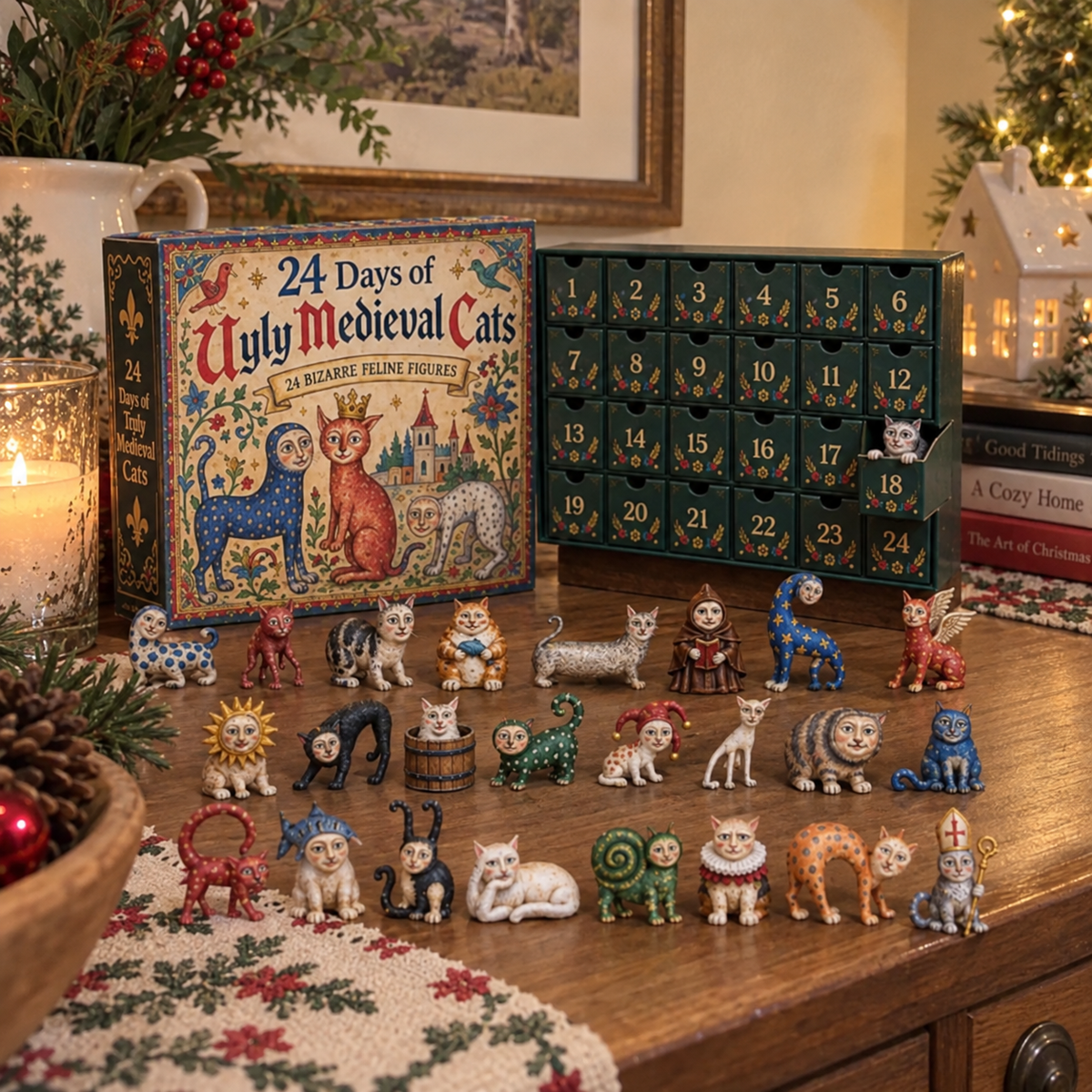 24 medieval cat figures arranged as Christmas tabletop decor