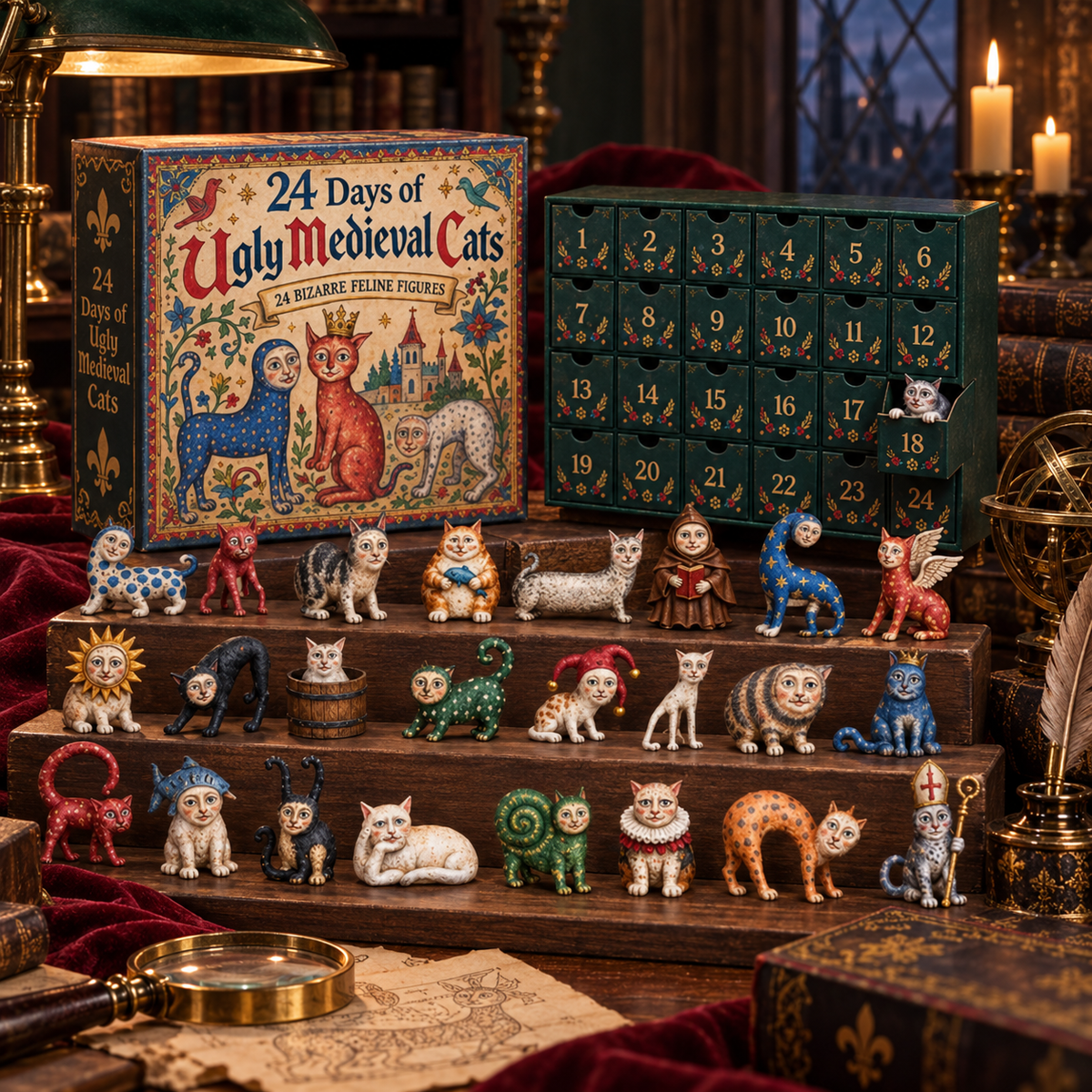 Medieval cats advent calendar with numbered drawers and cat figures