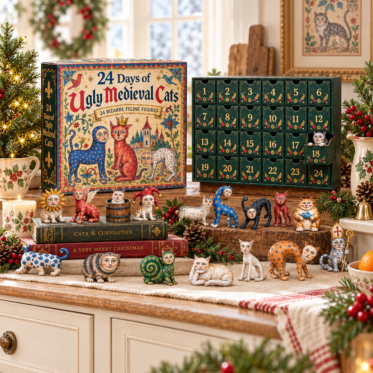 Collection of 24 ugly medieval cat figures displayed at Christmas