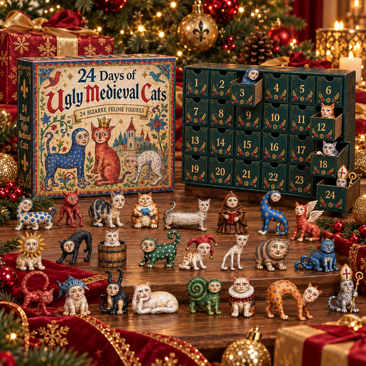 Ugly medieval cats advent calendar in festive Christmas setting