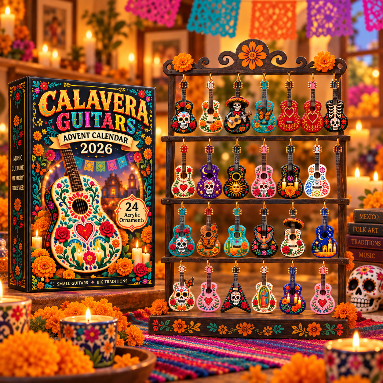 DAY OF THE DEAD KICKOFF 49% OFF - Calavera Guitars Advent Calendar 2026 - 24-Day Festive Countdown, Acrylic Charms Blind Box - Gift For Family & Friends