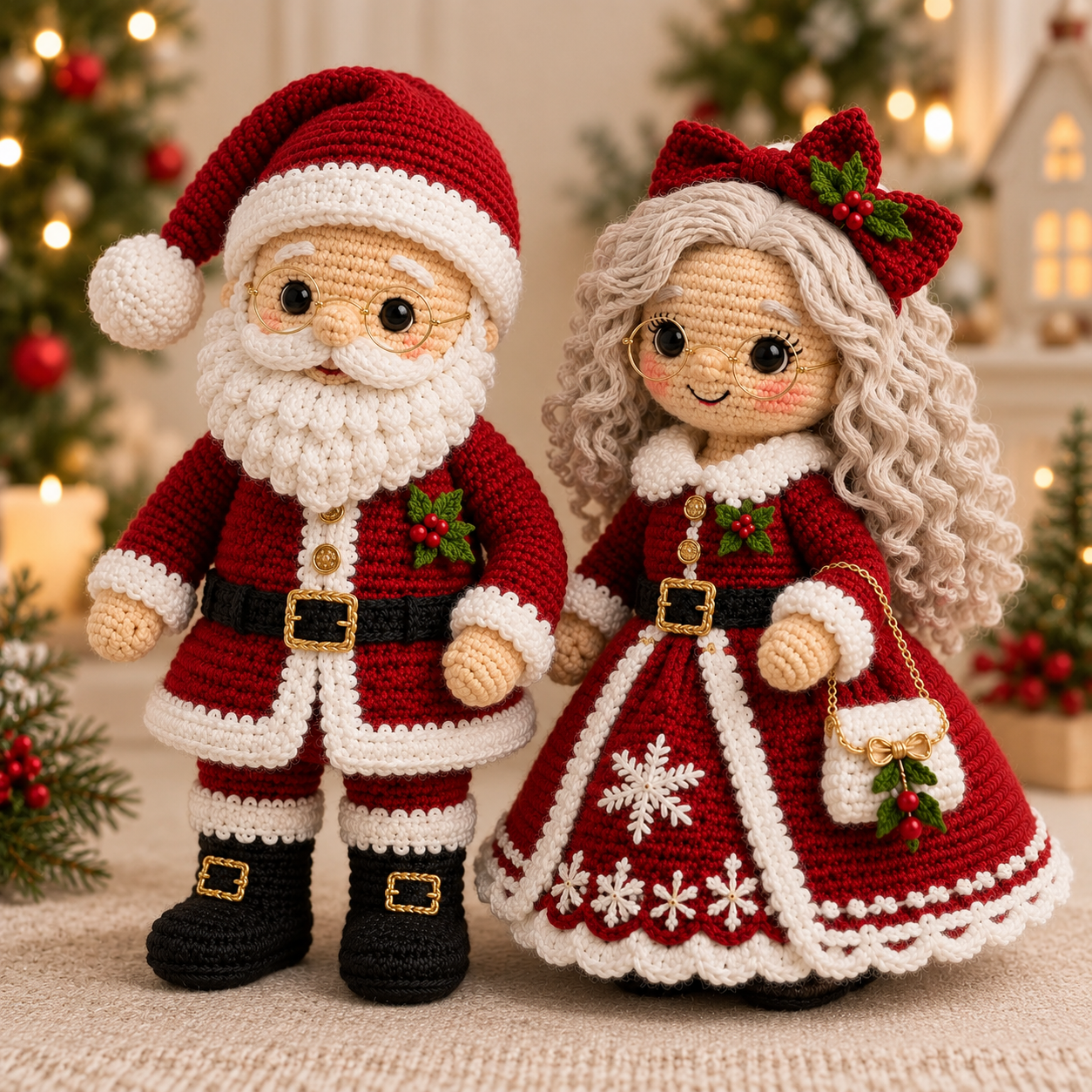 Close front view of red crochet Santa and Mrs. Claus showing stitched outfits and holiday details