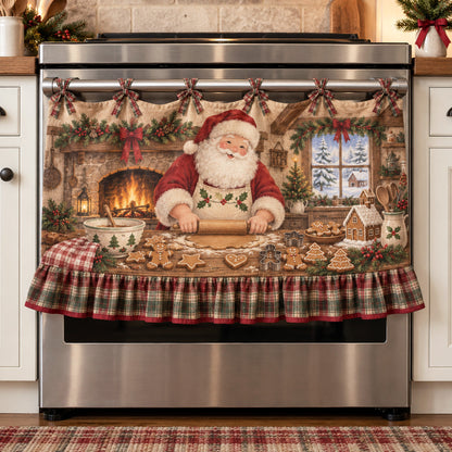 🎅🍪 Santa’s Christmas Bakery Oven Curtain – Cozy Plaid Holiday Kitchen Decor