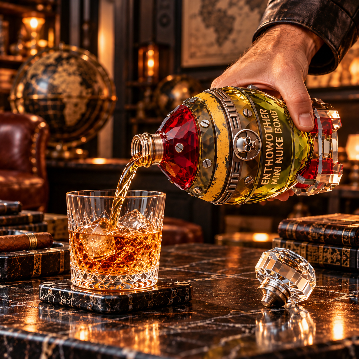 Hand carefully pouring amber-colored spirits from the open neck of the Mini Nuke decanter into a whiskey glass