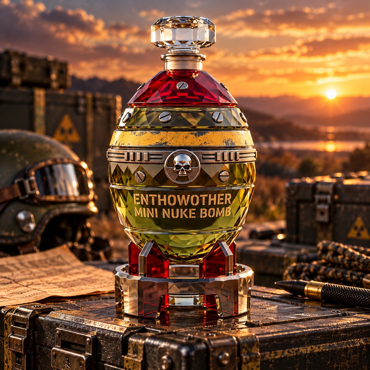 Mini Nuke decorative whiskey decanter with red and golden faceted body and ornate display stand