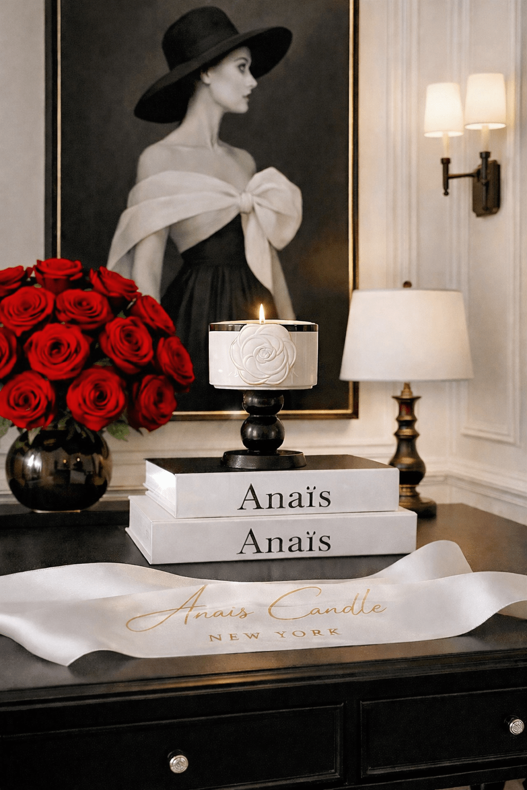 Camélia Maison candle with soy wax and beeswax styled for a luxury dinner