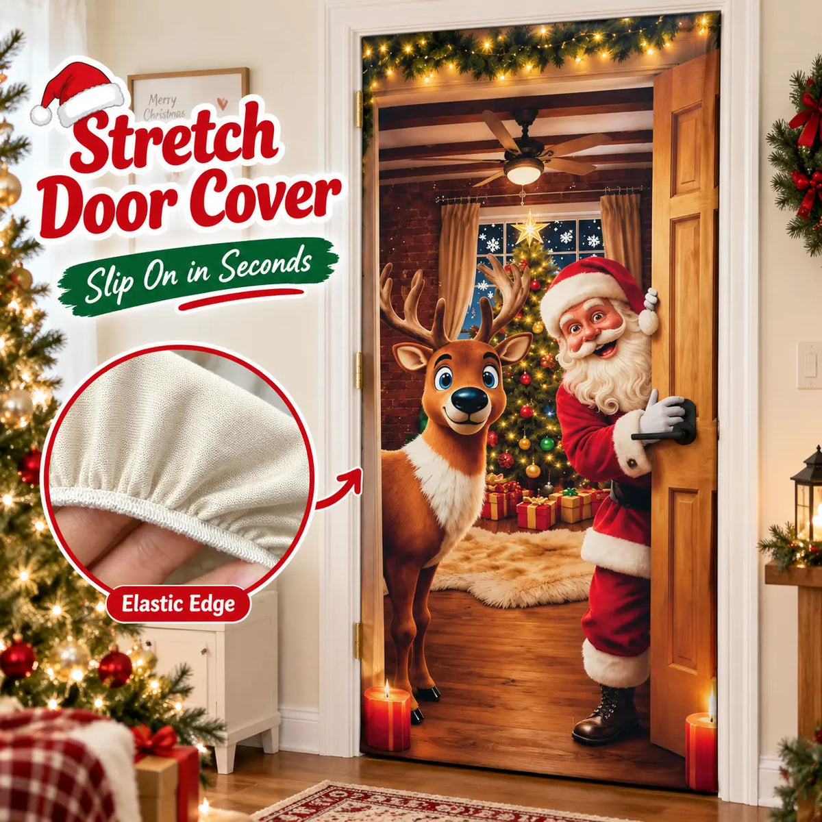 🚪 Christmas Stretch Door Cover – Instant Festive Holiday Door Decor 🎅