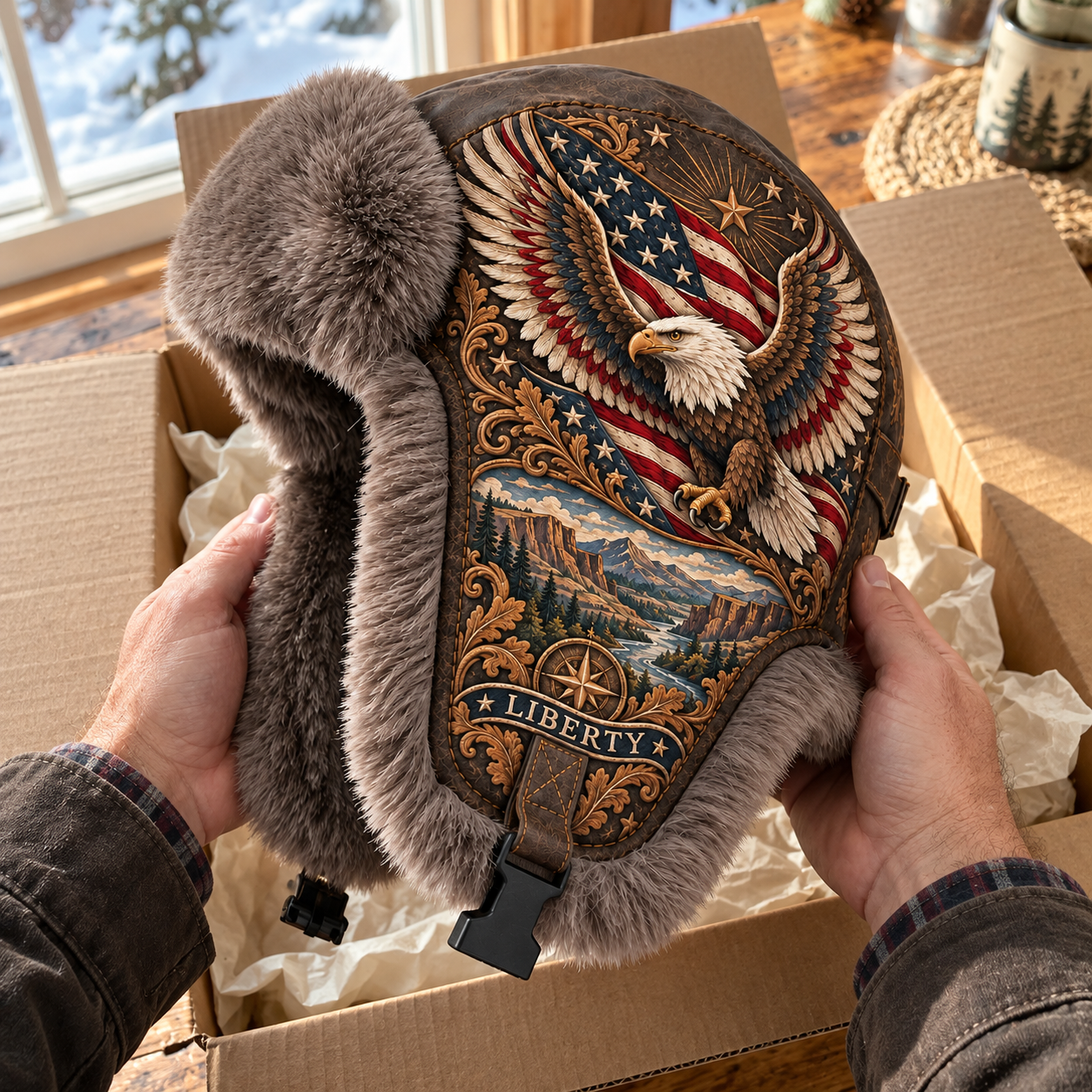 Wings of Liberty eagle winter trapper hat being held above an opened shipping box