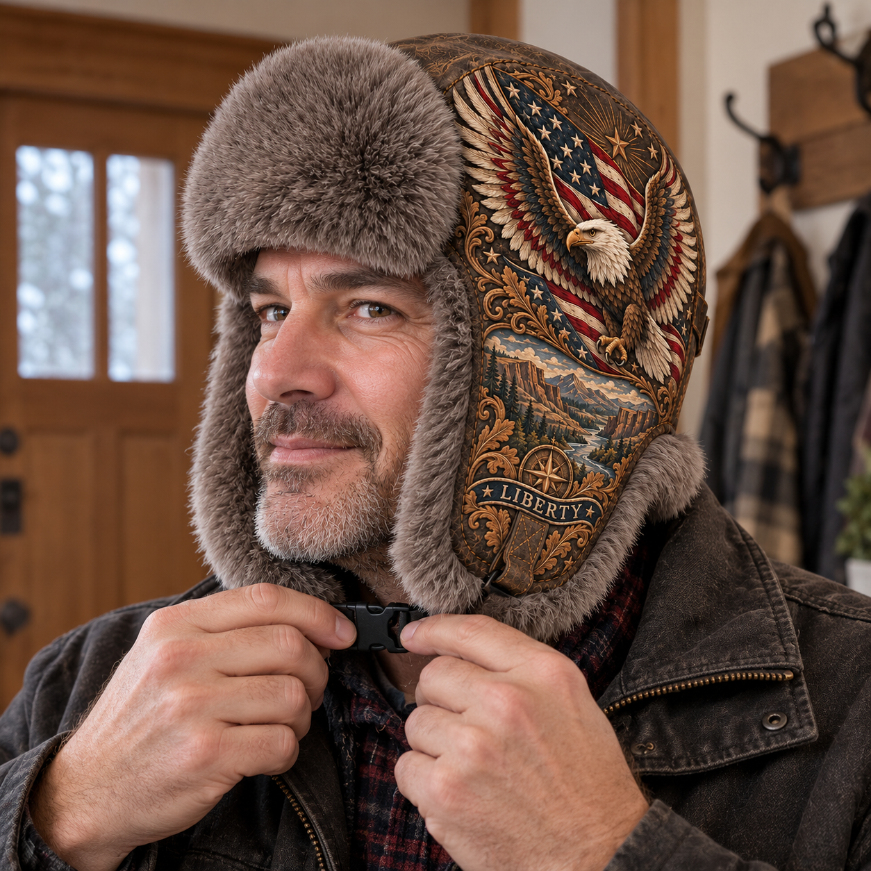 Man fastening the under-chin buckle of Wings of Liberty winter trapper hat