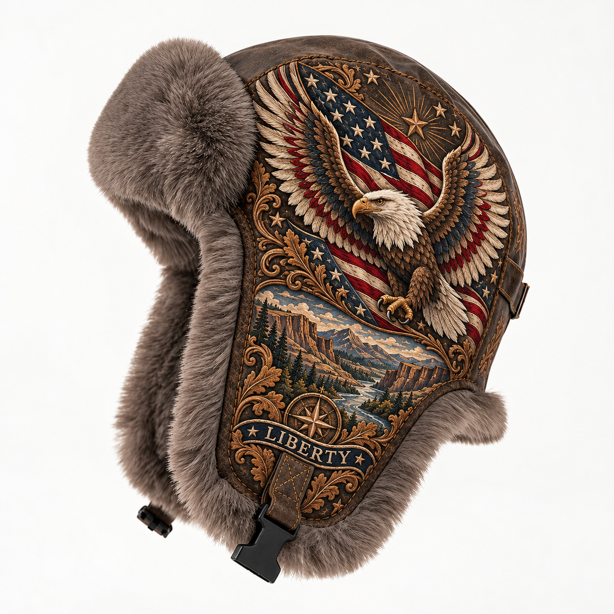 Detailed side view of the Wings of Liberty winter hat with eagle, American flag and mountain artwork