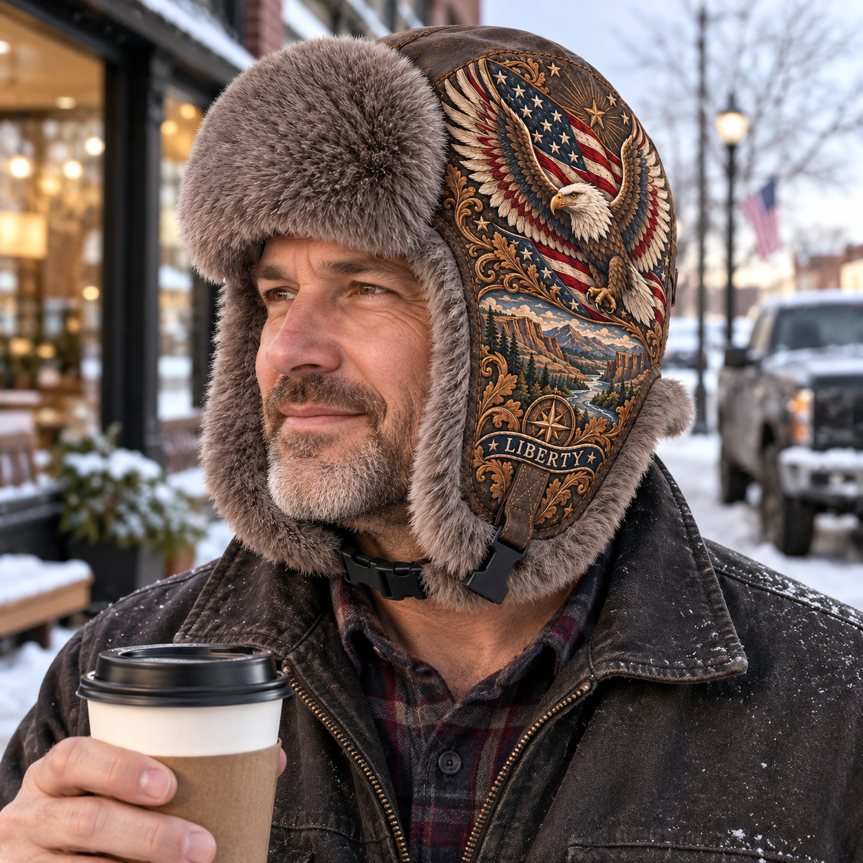 Man wearing the plush-lined eagle trapper hat while holding coffee on a snowy winter morning
