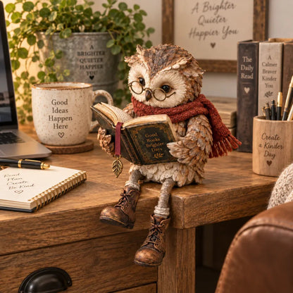 🦉 Reading Owl Figurine – Cozy Bookish Decor with Glasses & Tiny Boots