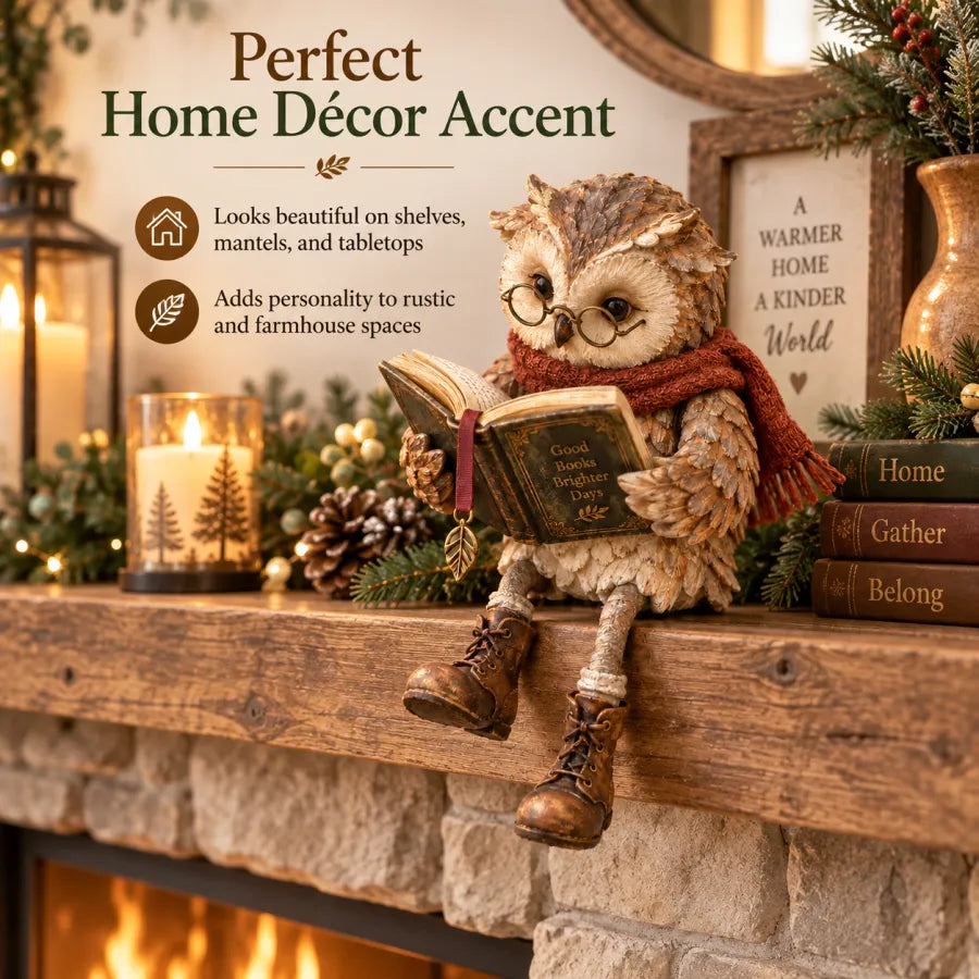 🦉 Reading Owl Figurine – Cozy Bookish Decor with Glasses & Tiny Boots