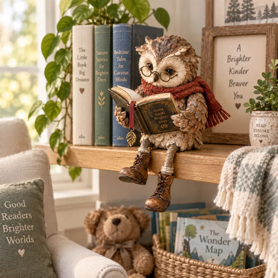 🦉 Reading Owl Figurine – Cozy Bookish Decor with Glasses & Tiny Boots