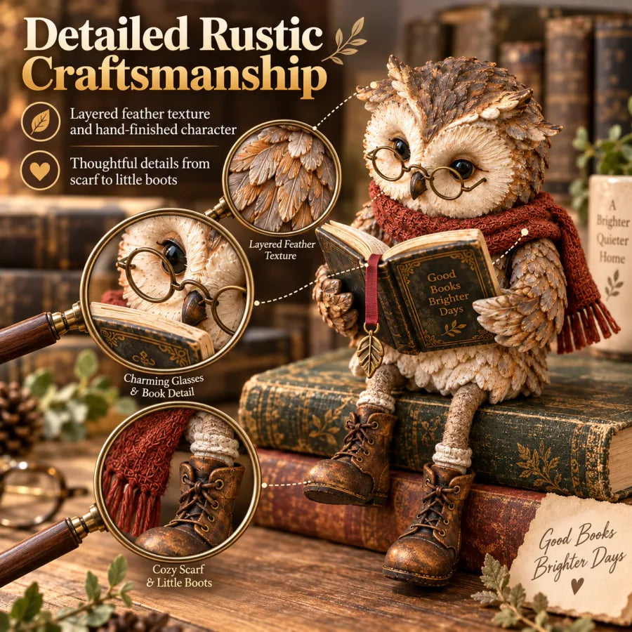 🦉 Reading Owl Figurine – Cozy Bookish Decor with Glasses & Tiny Boots