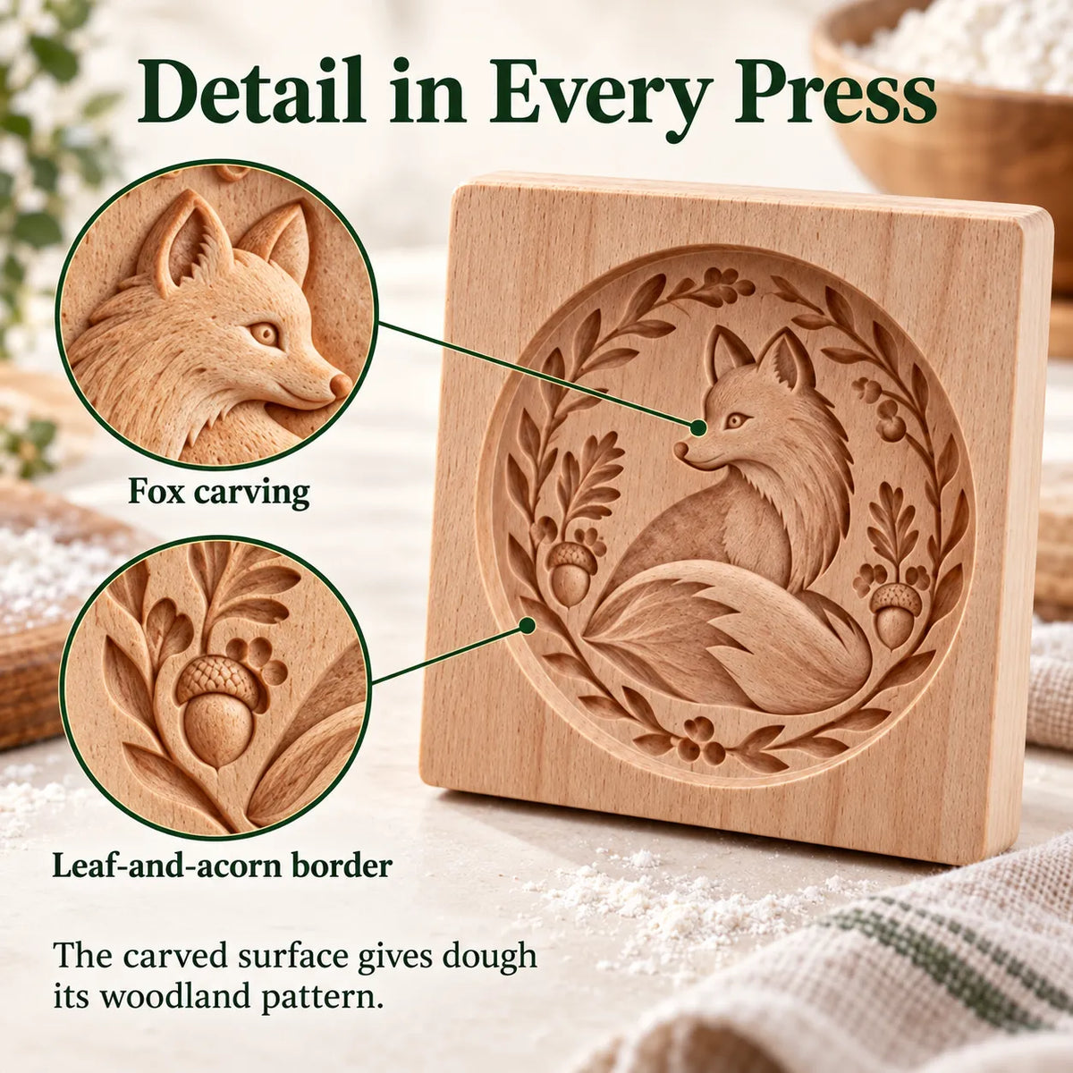 Close-up detail of carved fox cookie mold