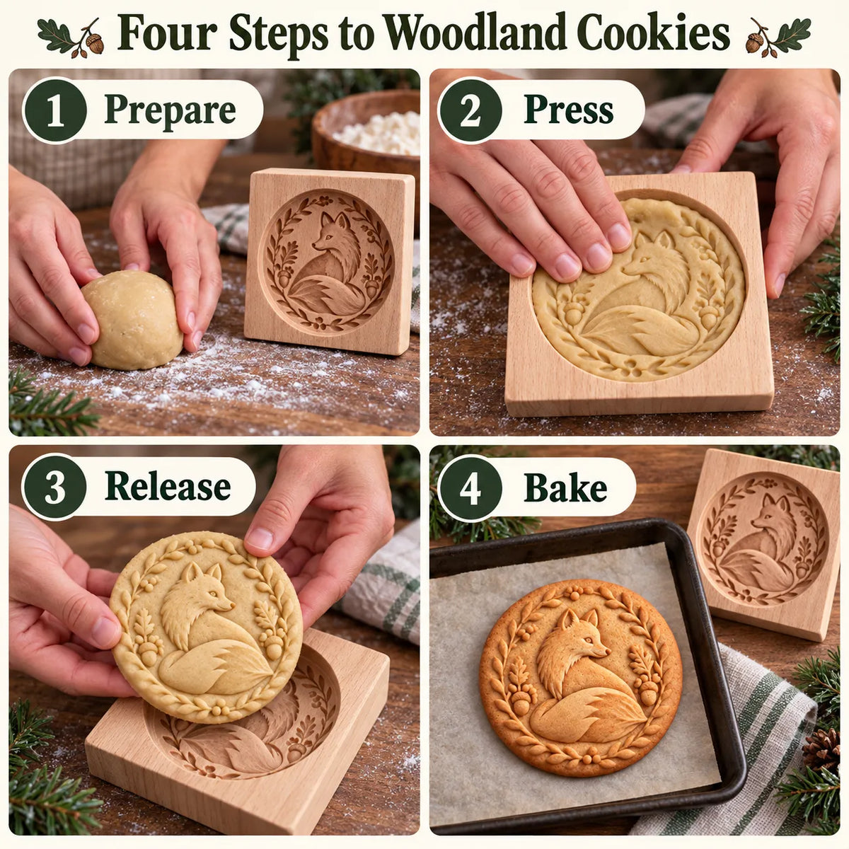 Four steps for using the woodland cookie mold